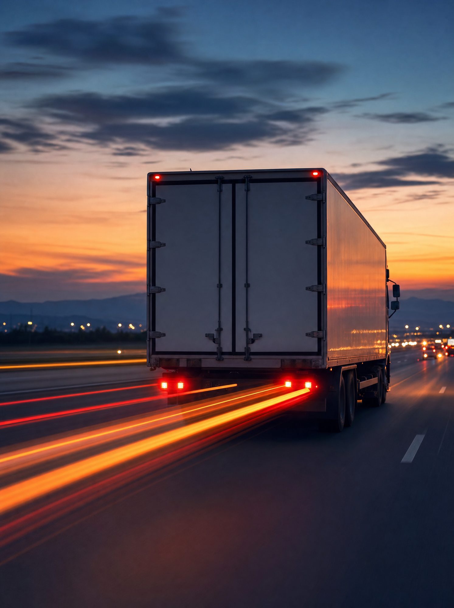 Carretera al atardecer, luces de un vehículo de reparto alejándose en la última milla