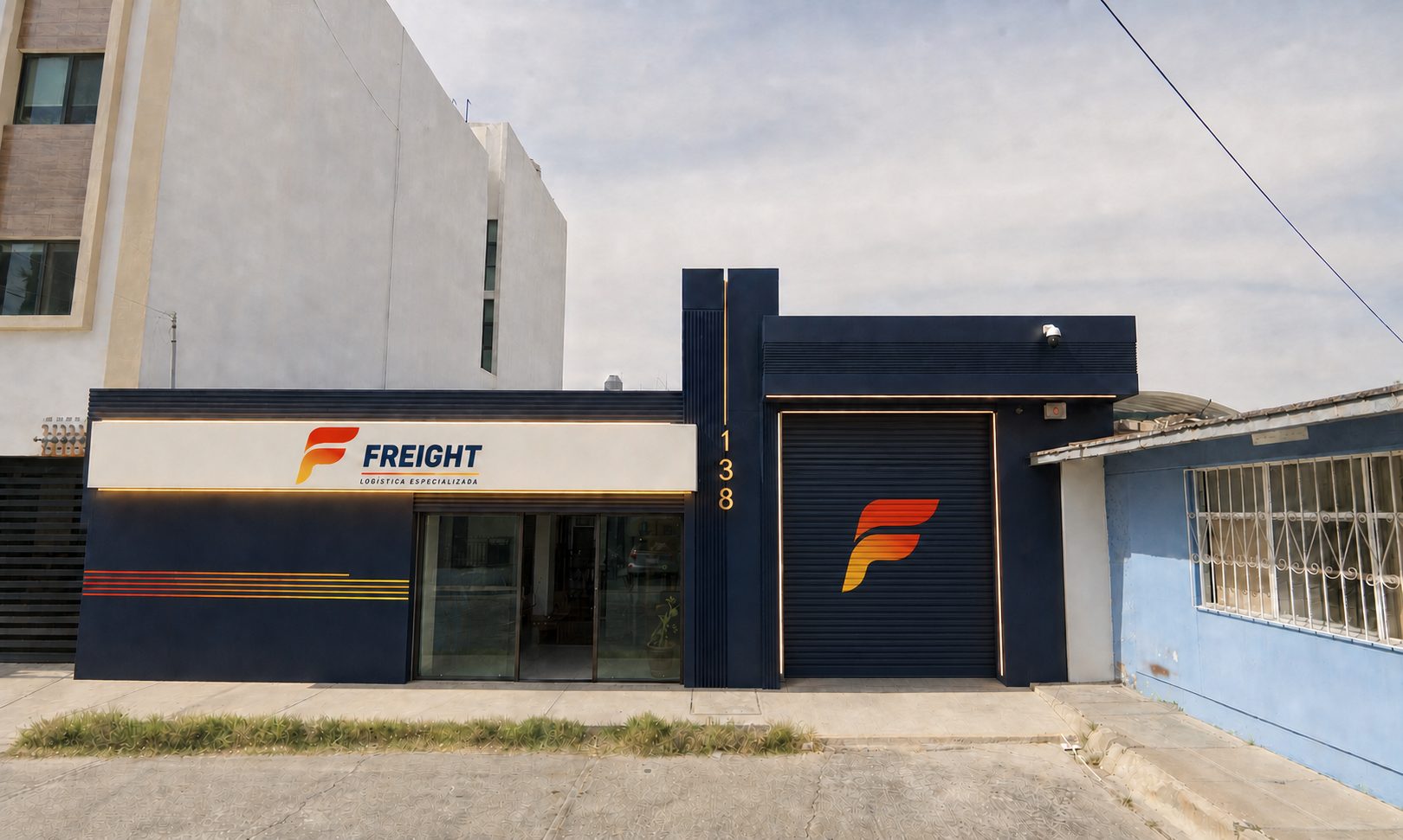 Fachada corporativa de Freight, dirección de marca aplicada a instalaciones