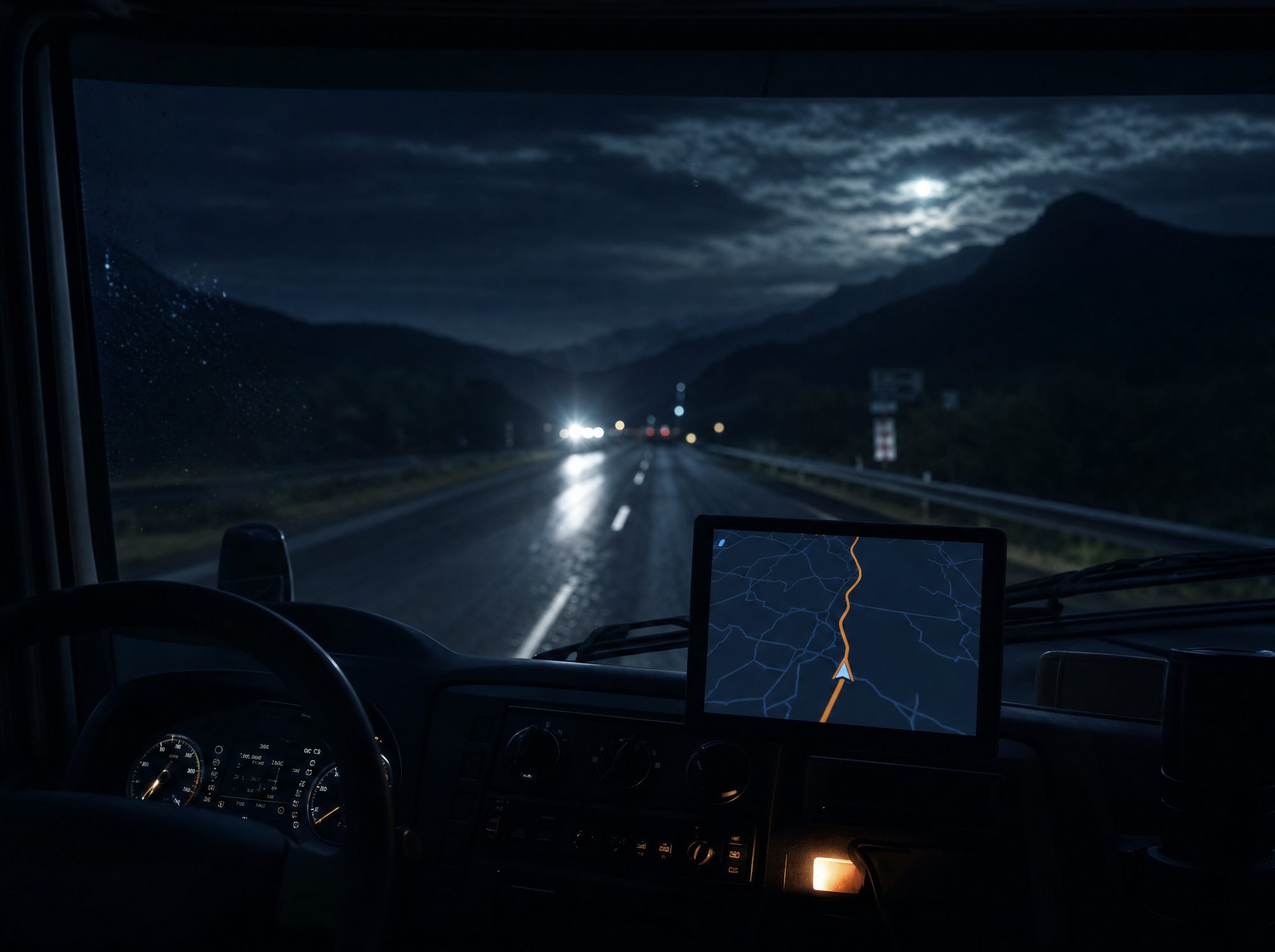 Vista nocturna desde la cabina de una unidad Freight, pantalla de GPS mostrando la ruta en tiempo real
